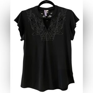 Francesca’s Charcoal Short Sleeve Top w/ Crochet V-Neck